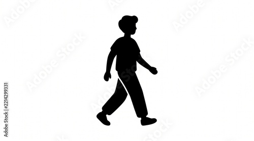 Black silhouette of a young boy walking isolated on white background
