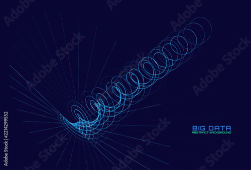 Abstract technology 3D  helix from  lines with circles on blue. Concept  for science, nanotechnology or research. Vector illustration.