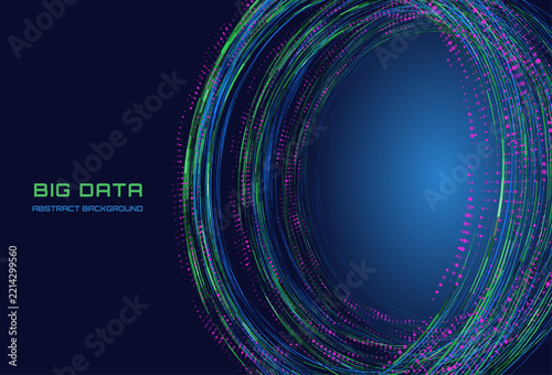 Futuristic big data helix with purple dots on color paths in dark blue cyberspace. Concept of AI, technology and science content. Speed data streams in network way. 5G