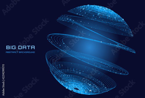Abstract technology 3D sphere with blue lines and data dots. Concept glowing globe for science, nanotechnology or research.