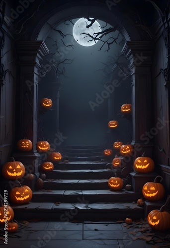 Spooky Halloween Archway Frame with Glowing Jack-o'-Lanterns