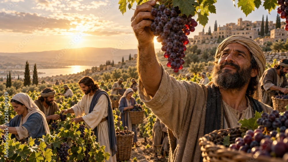 Naklejka premium Vineyard workers harvesting ripe grapes in a hillside vineyard. Jesus Christs true vine parable and biblical fruitfulness. Grape harvest, abundance and discipleship.