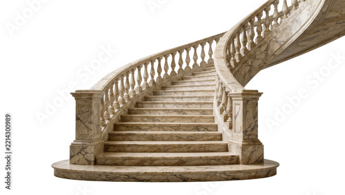 Grand marble spiral staircase with ornate balustrade, isolated on transparent background
