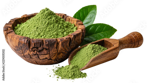 Green matcha powder in wooden bowl and scoop with tea leaves, isolated on transparent background