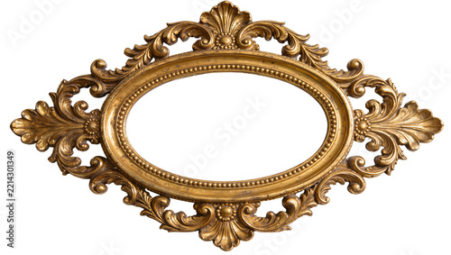 Ornate oval gold baroque picture frame with intricate scrollwork, isolated on transparent background