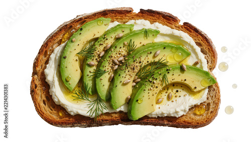 Artisan toast with creamy cheese sliced avocado dill and seeds, isolated on transparent background