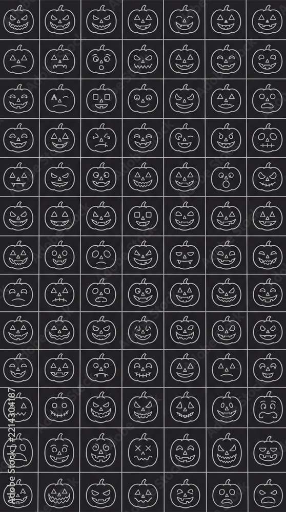 Fototapeta premium Seamless pattern of white outline jack o lantern faces on a dark background.