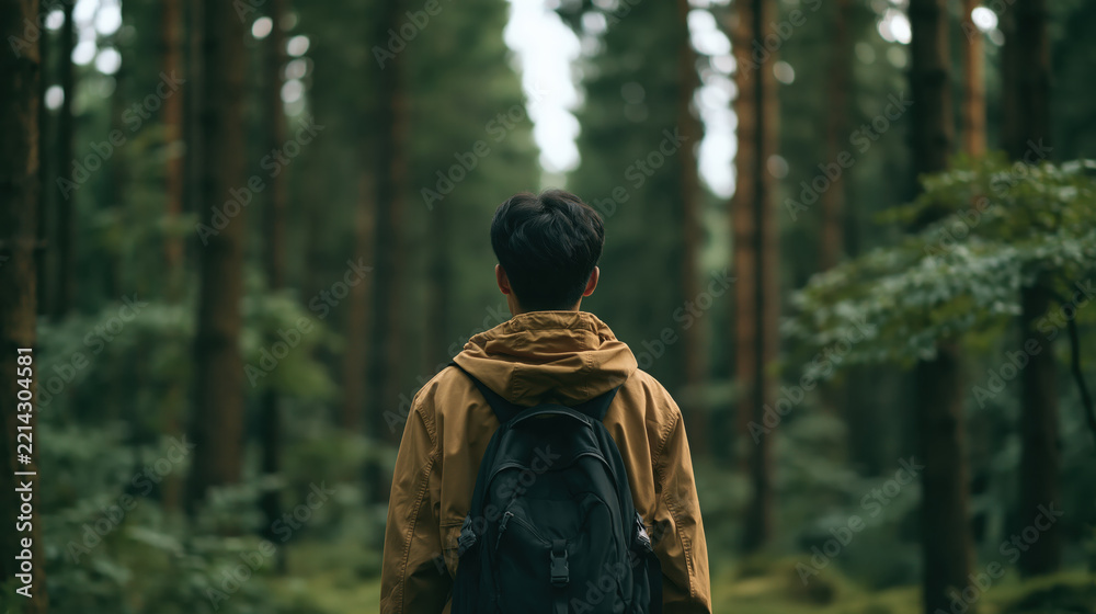 Fototapeta premium Hiking backpack forest nature outdoor travel adventure wilderness tree trail Back view of young Asian man with backpack walking forest trail surrounded by tall green tree and soft natural light