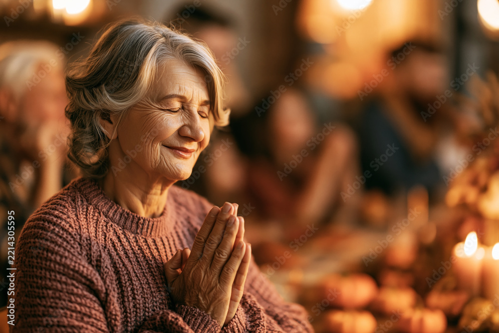 Fototapeta premium Woman with closed eyes praying peacefully, sunlight streaming through her hair