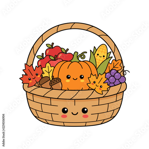 Kawaii autumn harvest basket filled with smiling seasonal produce
