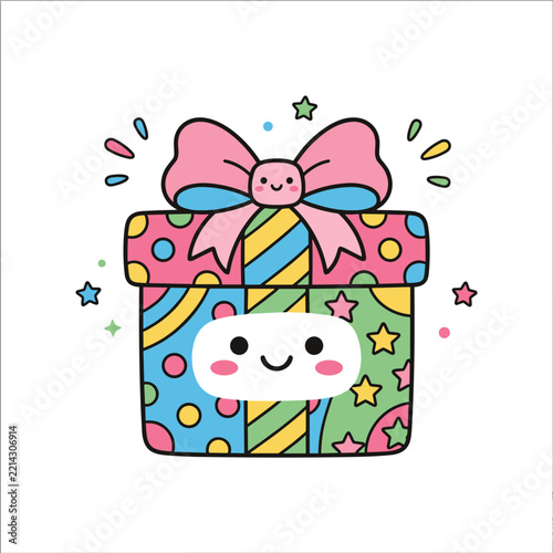 Kawaii gift box character with pink bow and colorful patterned wrapping