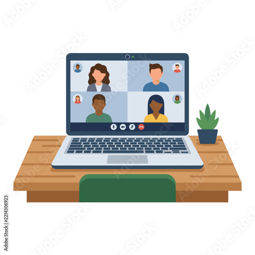 Laptop on wooden desk showing video conference call with diverse people