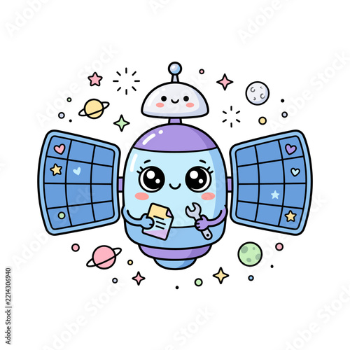 Kawaii robot satellite character holding a wrench in outer space