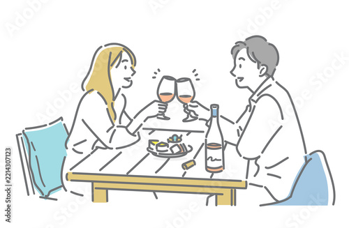 ワインを楽しむ若い女性と男性　シンプルでお洒落な線画イラスト