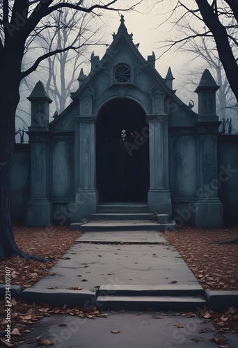 Spooky Gothic Crypt Entrance in a Foggy Halloween Graveyard
