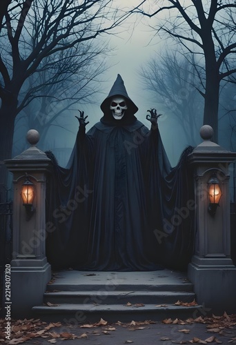 Spooky Gothic Crypt Entrance in a Foggy Halloween Graveyard