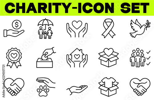 Charity Web Icons Set. Charity and Donation. Donated, Help, Assistance, Volunteer. Simple Thin Line Icon Collection. Vector Illustration