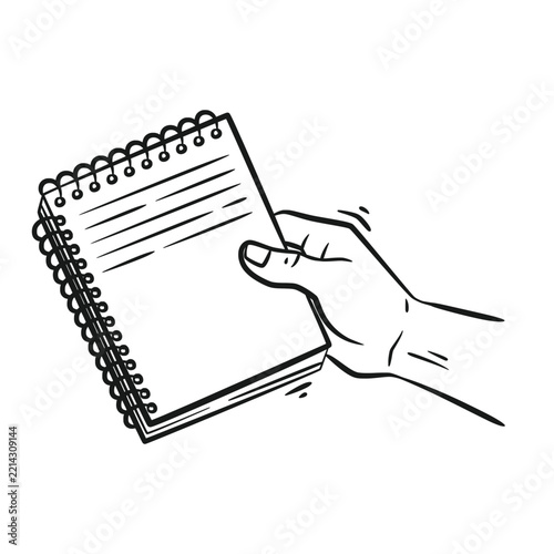 Hand holding spiral notepad notebook paper line art Illustration