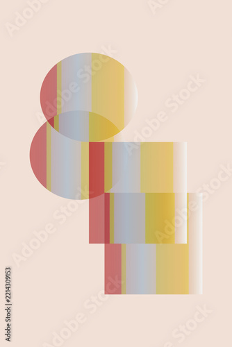 Abstract geometric composition with translucent overlapping circles and rectangles in soft warm pastel colors