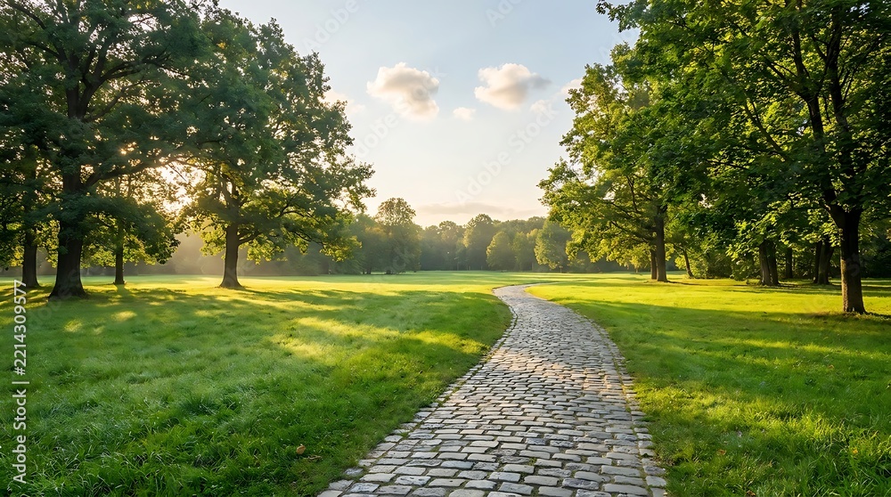 Fototapeta premium Cobblestone path winding through a sunlit green park with lush trees and soft morning light
