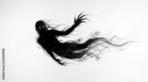 Black smoke ghost silhouette with glowing eyes on white background for horror and supernatural art.