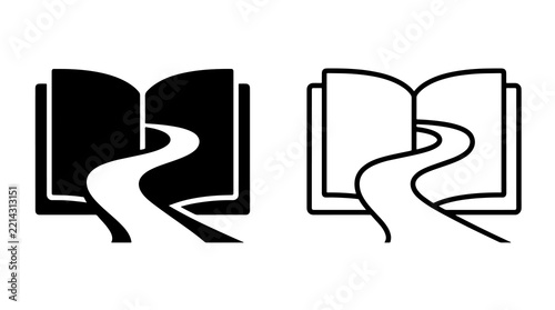 Winding road pathway on open book pages in solid and outline vectors
