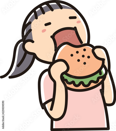 ハンバーガーを大口開けて食べる女性のバストアップ_フルカラー