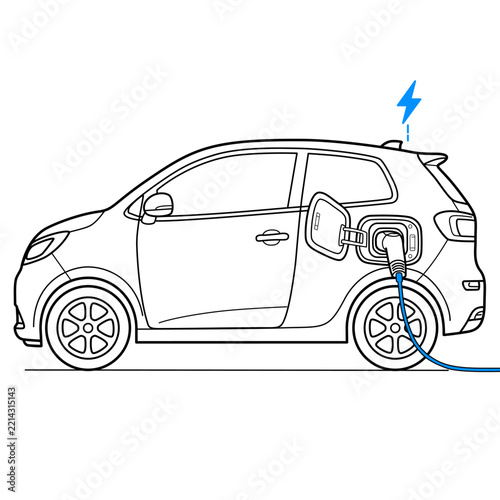 line art illustration of a compact electric car charging with blue accent cable and lightning bolt