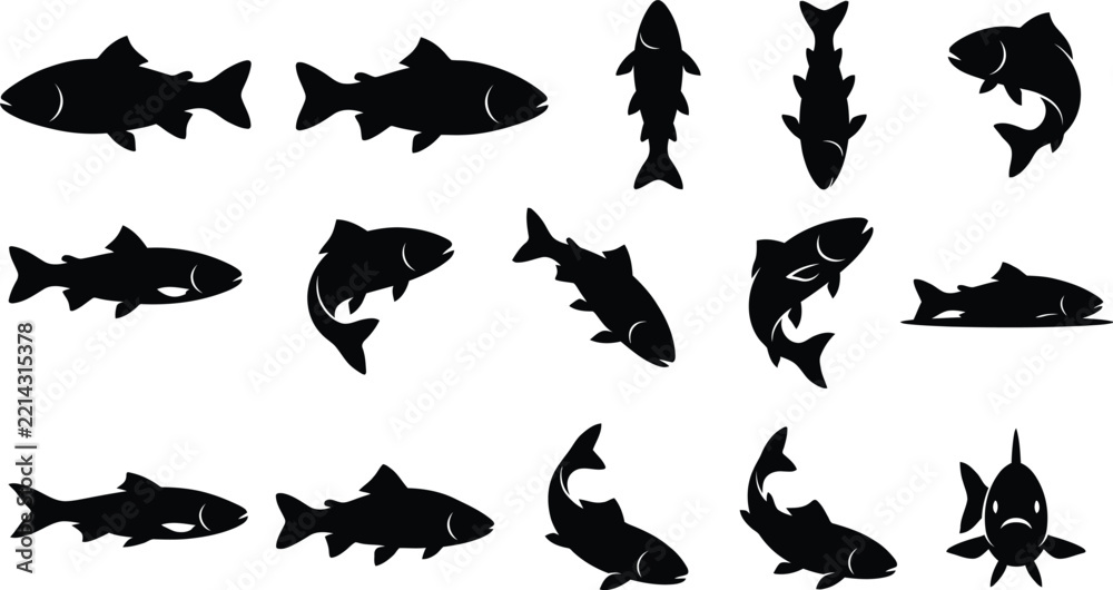 Fototapeta premium Set of black fish silhouettes featuring different swimming angles and jumping motions isolated on a white background