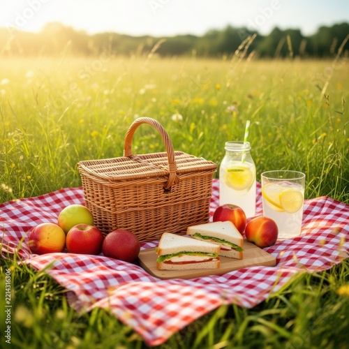 Picnic basket and sandwich on blanket in sunny field