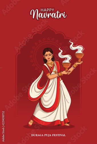 Indian woman performing dhunuchi dance for Navratri Durga Puja festival poster.
