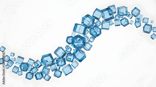 Abstract wave of floating blue glass cubes isolated on white background