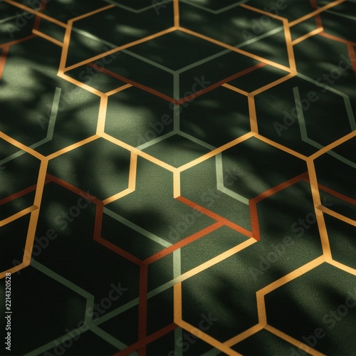 Abstract Hexagon Pattern with Gold Lines and Shadows