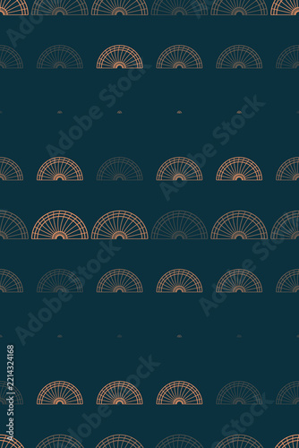 Fotografie Radiating semicircular ornaments repeat across a dark navy field in warm orange and charcoal, delivering a bold vintage-inspired texture for interiors, packaging, and creative branding