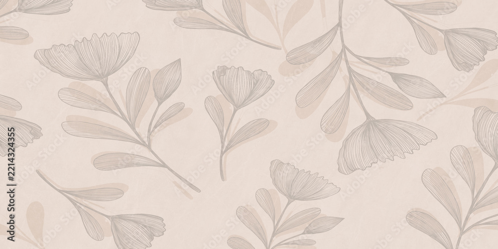 Fototapeta premium Elegant white line drawing of tropical palm and monstera leaves on a neutral beige background seamless background with leaves