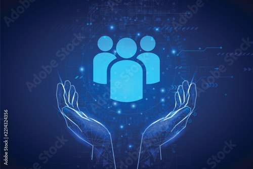 Futuristic glowing digital hands protecting a group of people icons on a blue technology background. Conceptual illustration of human resources, teamwork, customer care, and modern data security.