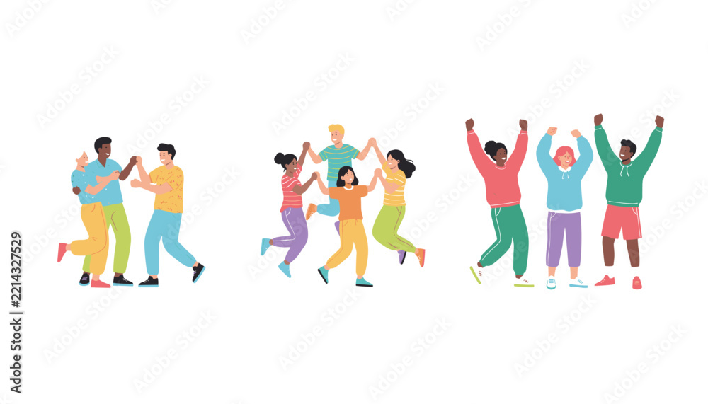 Fototapeta premium Multiple groups of diverse young people interacting celebrating and cheering with enthusiastic body language.