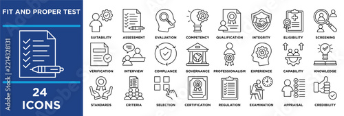 fit and proper test icon set featuring suitability, assessment, evaluation, competency, qualification, integrity, eligibility and screening. outline vector.