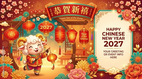 Chinese New Year 2027 celebration with cartoon sheep holding lanterns and red decorations