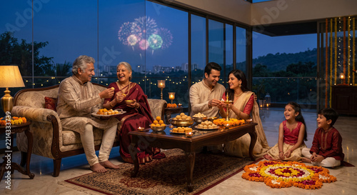 Indian Family Enjoying Diwali Celebration Together in a Beautiful Home