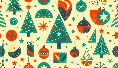 abstract geometric christmas trees pattern with stars and ornaments, holiday background concept.