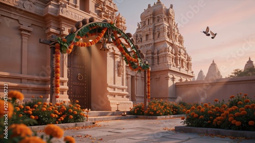 Beautiful ancient Hindu temple entrance decorated with orange marigold garlands at sunset