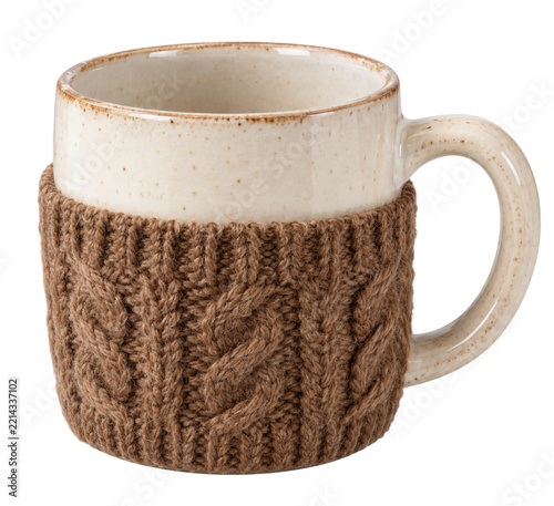 Speckled Ceramic Mug with Brown Knitted Cover on White Background