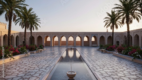 Beautiful traditional middle eastern courtyard with palm trees and water fountain feature
