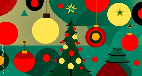 abstract geometric christmas trees pattern with stars and ornaments, holiday background concept.