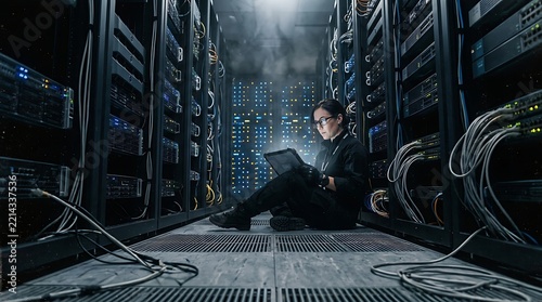 Female IT specialist working with digital tablet in data center