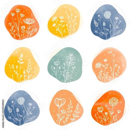 minimalist floral background line art icon set in colorful pastel, botanical label concept.