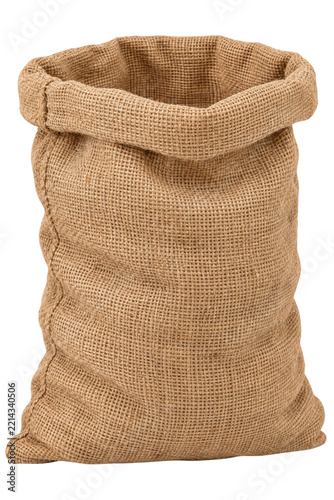 Empty Burlap Sack with Folded Rim Isolated on a White Background