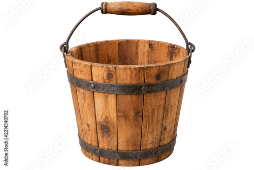 Rustic Wooden Bucket with Metal Bands and Handle Isolated on White