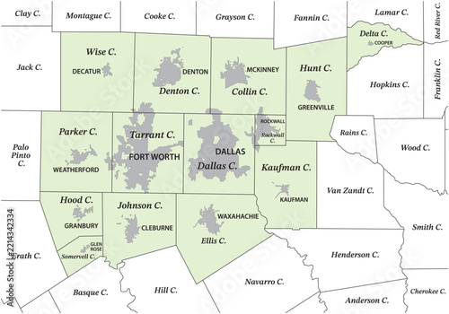 Administrative map of the Dallas, Fort Worth metroplex, Texas, USA